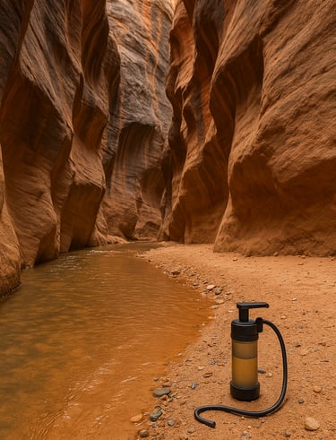 Water filter bottle placed in desert slot canyon, hydration strategy for hikers in remote and arid wilderness areas