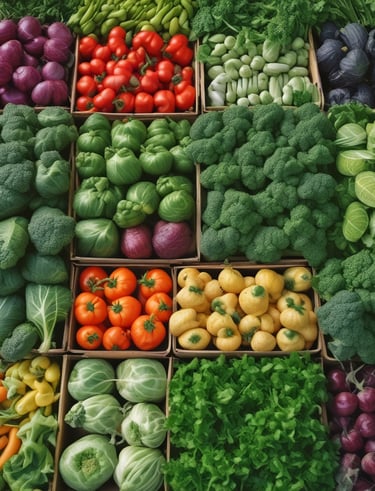 A market stall displays an assortment of fresh vegetables and fruits laid out on newspaper and cloth. The selection includes papayas, yams, sweet potatoes, cucumbers, green beans, peppers, and guavas. Brassware is arranged on one side. The person selling the goods is partially visible, wearing colorful traditional clothing.