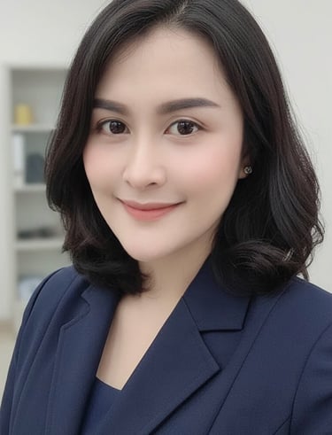 Professional portrait of a smiling woman with dark bob hair wearing a navy blue business suit.