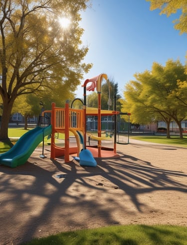 A peaceful schoolyard with green trees and children playing.