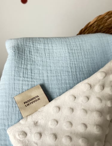 baltas su mėlynu pledukas