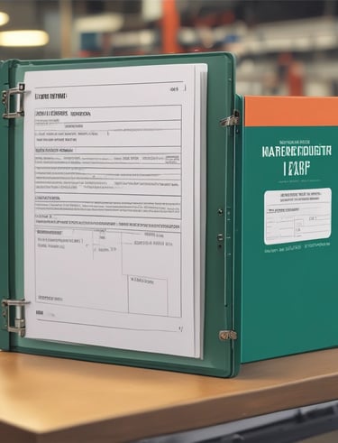 An organized binder labeled 'SOPs' sitting on a desk with a coffee cup nearby.