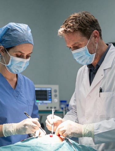 A doctor reviewing a patient chart thoughtfully, surrounded by medical tools.