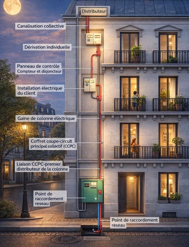 Diagram of a residential building electrical network installation with labeled French technical components.