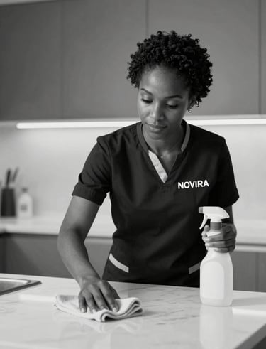 Close-up of a professional female cleaner polishing a glass surface with a soft cloth.