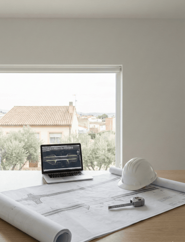 Planos de ingeniería civil y equipo técnico en oficina para planificación de obra en Sevilla.