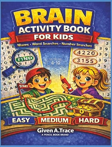 Brain Activity Book for Kids book cover featuring mazes, word searches, and number searches from eas