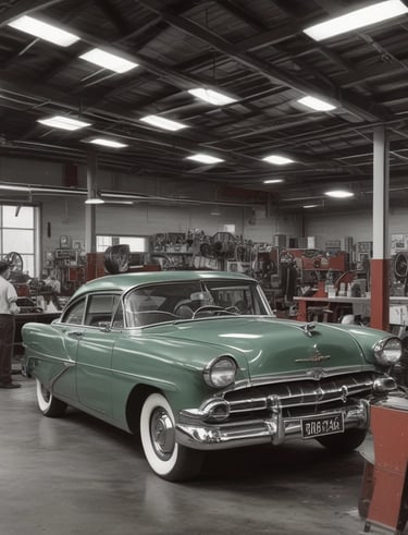 a man is standing in a garage with a car in the background