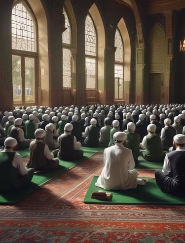 A community gathering in a green and white decorated hall for a spiritual seminar.