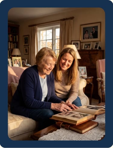 Madre protectora con su hija buscando certeza jurídica para su patrimonio familiar
