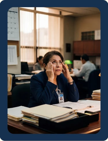 Servidora pública estresada por los trámites y papeles de su pensión ISSSTE.