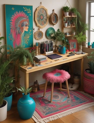 A cozy corner with Japanese-inspired decor and warm lighting inviting creativity.