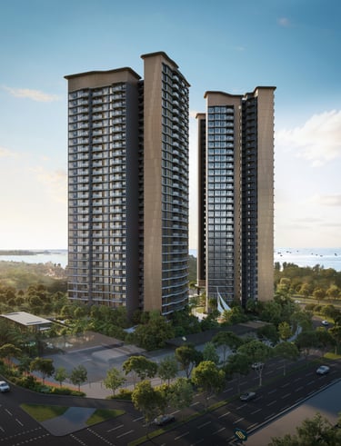 Modern luxury high-rise condominium towers overlooking a scenic coastal park and ocean skyline.