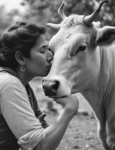 A happy family interacting with a cow on the farm, highlighting the bond and care.