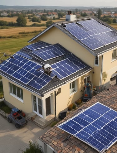 Close-up of solar panels being installed on a rooftop under clear skies.