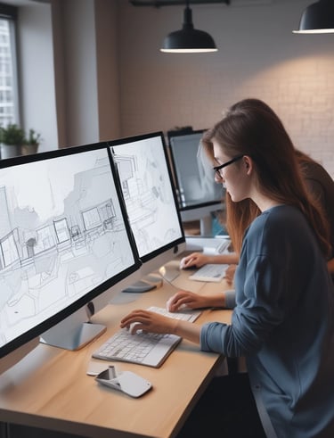 Creative brainstorming session with colorful sticky notes and digital mockups displayed on a screen.