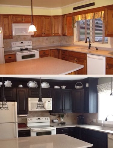 Kitchen remodel before and after showing updated cabinets, lighting, and countertops.