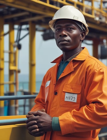 A diverse group of offshore employees smiling and working together on a platform.