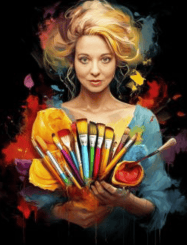Empowered woman holding paintbrushes and tools, representing creative transformation.