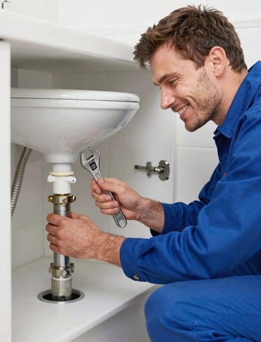 Smiling technician ready to assist with plumbing services in Bekasi area.