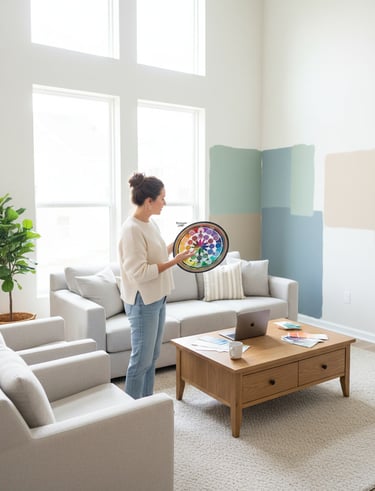 A homeowner selecting colors combination through The Bushmaster color wheel