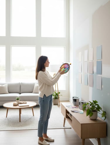Woman using a color wheel to compare paint swatches on a living room wall for home interior design.