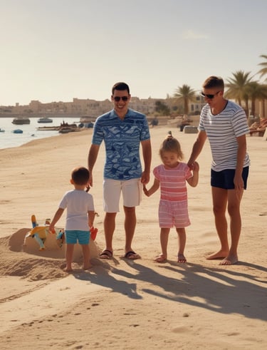 A smiling family enjoying a sunny day by the marina in El Gouna.