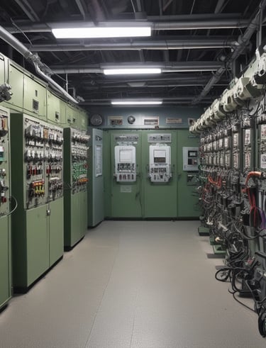 Team of electricians collaborating on a large electrical installation outdoors.