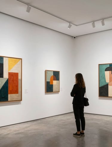 Visitors engaging thoughtfully with contemporary artworks during an exhibition.