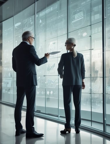 A confident consultant discussing digital transformation with clients in a bright meeting room.