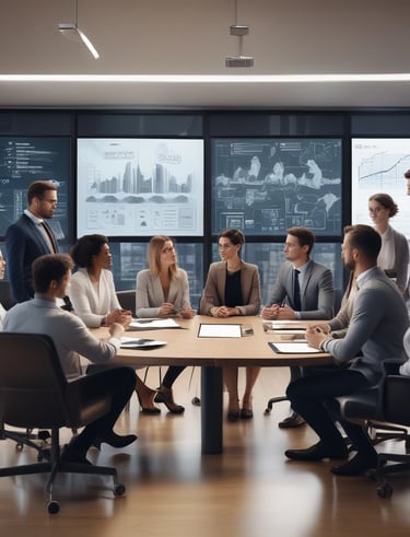 A modern office space with team members discussing strategy over coffee.