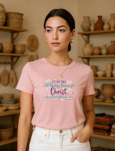 mujer en tienda de artesanias luciendo camiseta estampada personalizada