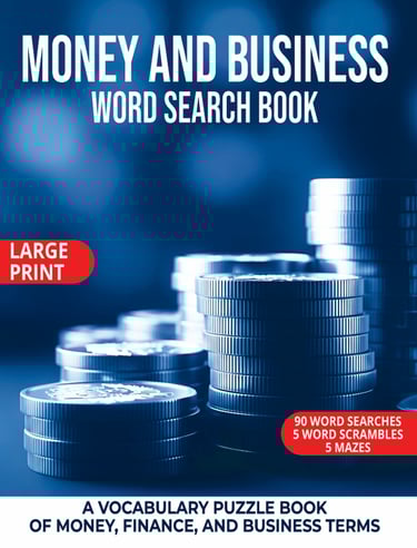 Money and Business Word Search Book cover with stacks of coins.