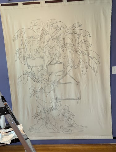 A sized, gessoed, and stretched tapestry ready for paint.