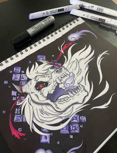 a marker on sketchpad drawing of a demon creature with purple gems and red straps 