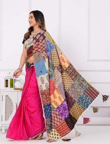 Lightweight mulmul saree featuring premium designer patch work detailing