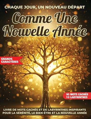 Couverture du livre d’activités Comme Une Nouvelle Année – mots cachés et labyrinthes inspirants en français par Liora Onyx