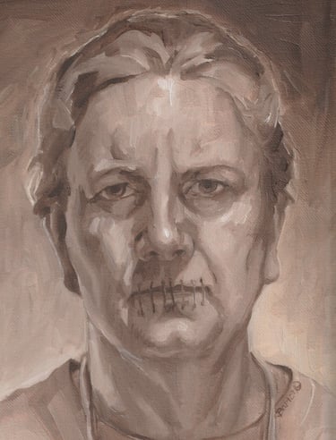 monochromatic painting in oil of a female figure with lips sewn shut