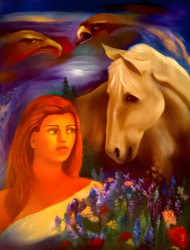 a woman with a horse in a painting - SOLD