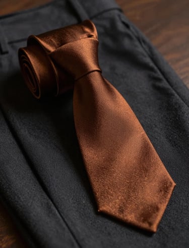A perfectly tied silk tie in deep bronze next to folded tailored trousers, soft warm lighting, dark luxury aesthetic