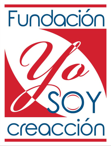 Official logo for Fundación Yo Soy Creacción featuring red and blue text over a stylized graphic background.