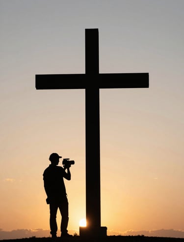 A silhouette of a filmmaker against a golden hour sky, capturing a sunrise over a cross, high contrast with #1A2F3C shadows and #F5F2EC sky.