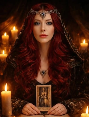 SCG Witchery's high priestess Rainie holding a tarot card amidst glowing candles