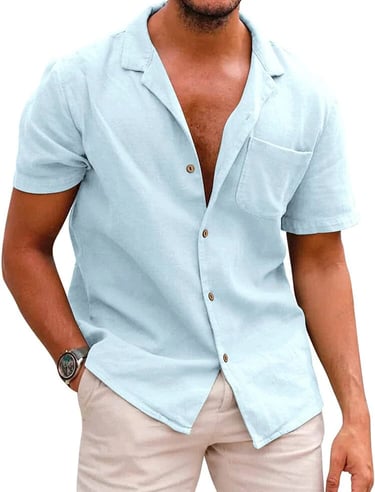 blue Hawaiian shirt and tan pants
