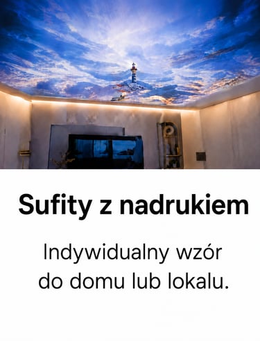 Custom printed stretch ceiling featuring a lighthouse and blue cloudy sky design in a modern living room.