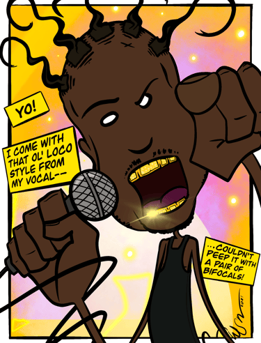 A cartoon version of ODB, holding a microphone and gesturing energetically. The speech bubbles are h