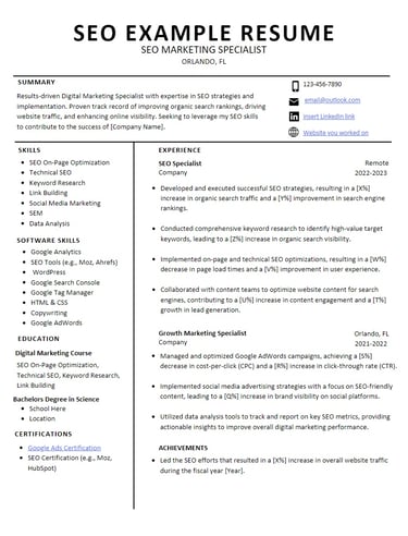 a professional resume template for a professional seo marketing