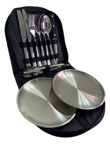 Portable stainless steel camping cutlery set with plates and tongs in a black zippered storage case.