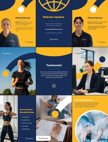 Healthmarq clinical review and physical rehabilitation testimonials collage featuring healthcare professionals and patients.