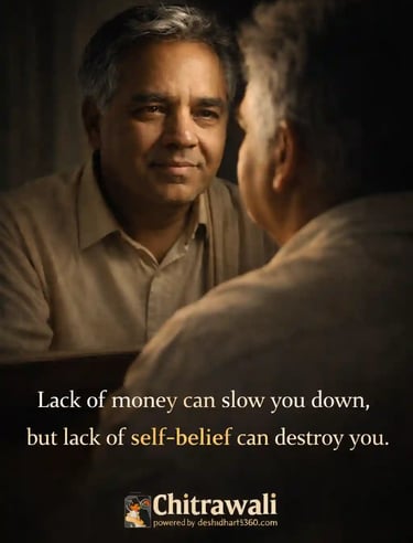 Indian man looking at his reflection in a mirror, half face in light and shadow, emotional depth and inner strength.